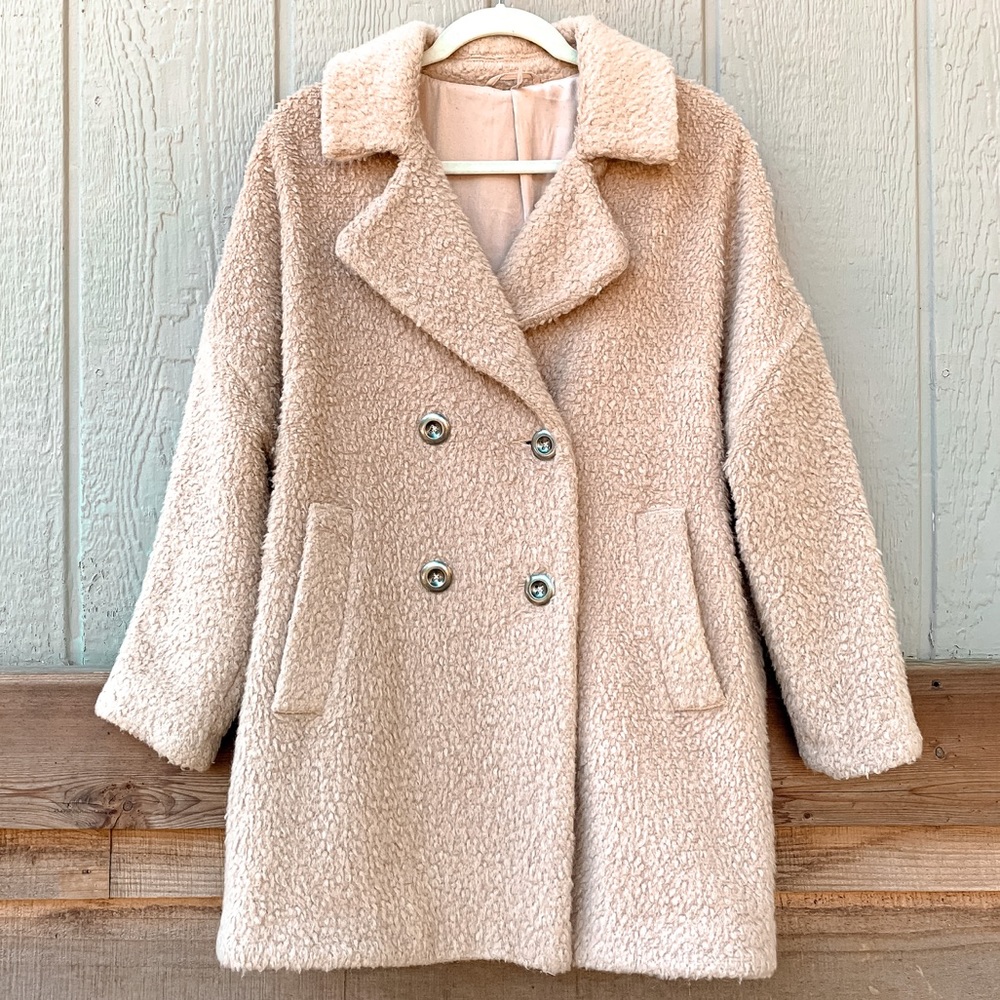 Free People mauve blush pink oversized button down teddy sherpa jacket overcoat - Picture 2 of 16